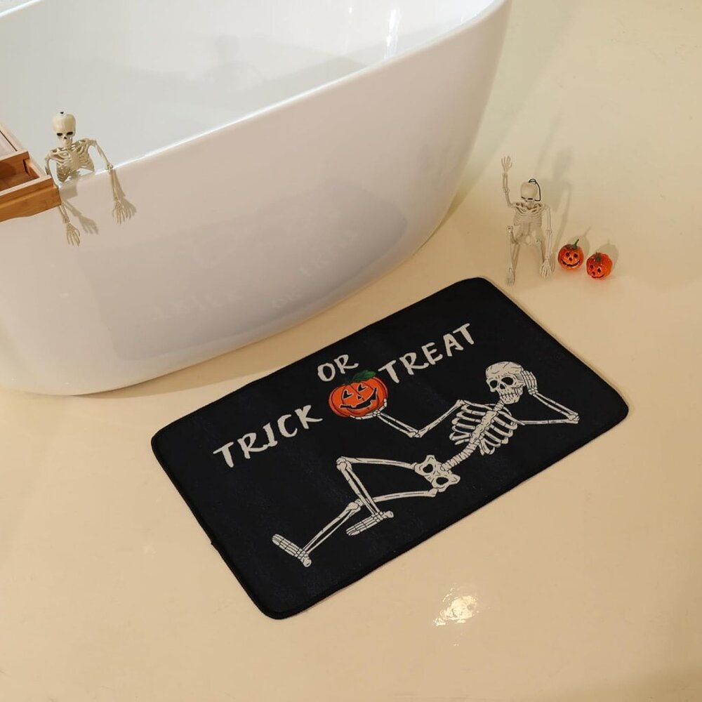 Skull Pumpkin Halloween Bath Mat - Trick Or Treat Bathroom Rug Non-Slip Volume